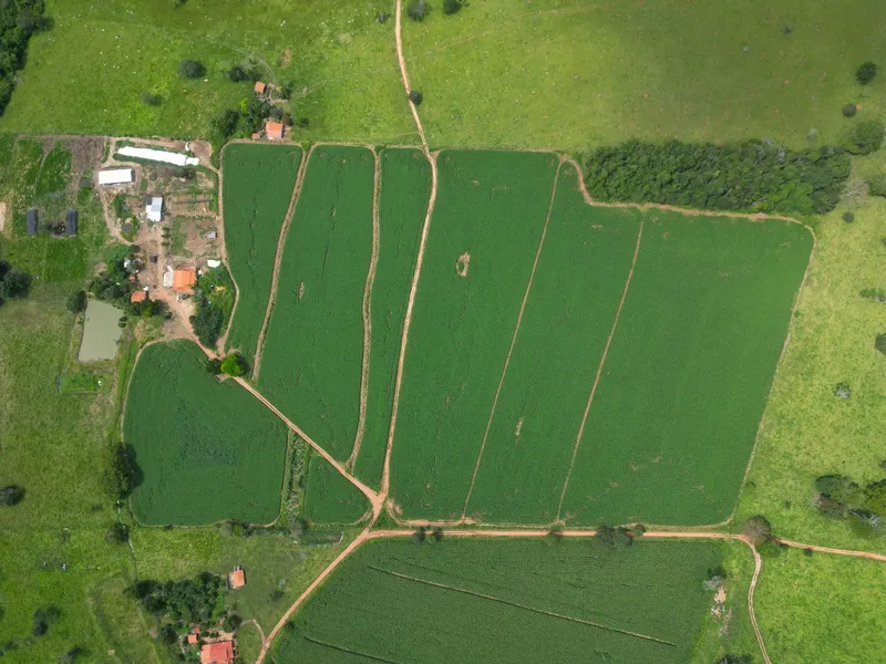 Vista aérea de imóvel rural com áreas de cultivo divididas por estradas de terra, cercado por vegetação verde e pequenas construções.