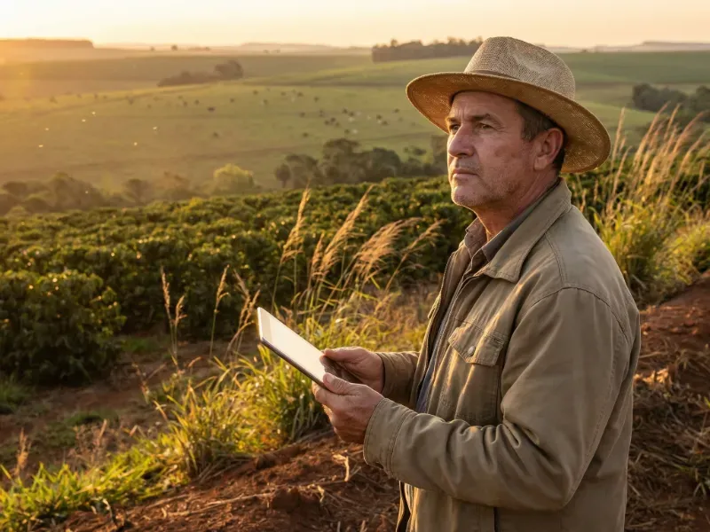 Produtor rural de meia-idade, usando chapéu de palha, segura um tablet e observa sua plantação agrícola durante o pôr do sol.