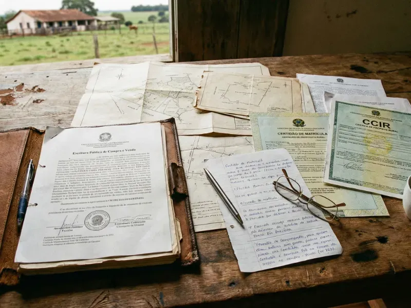 Mesa rústica com papelada e documentos brasileiros para venda de propriedade rural.