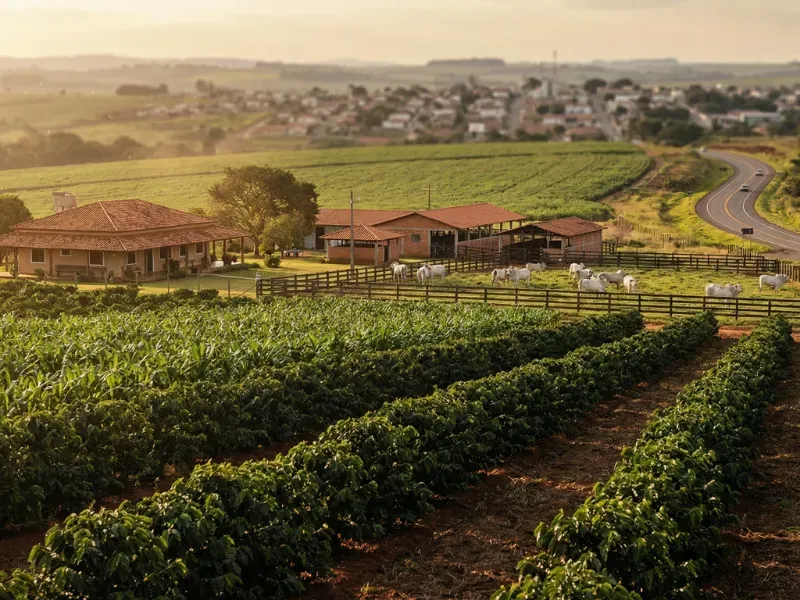 Vista panorâmica de uma fazenda produtiva com lavouras diversas, gado e sede ao entardecer, tendo uma cidade e estrada ao fundo.