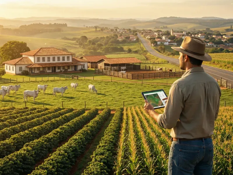 Um fazendeiro usando chapéu e segurando um tablet observa sua propriedade rural ao pôr do sol. A fazenda inclui plantações de café e milho em primeiro plano, pasto com gado, uma grande casa sede, currais e outras construções ao fundo, com uma estrada e uma cidade pequena entre colinas.